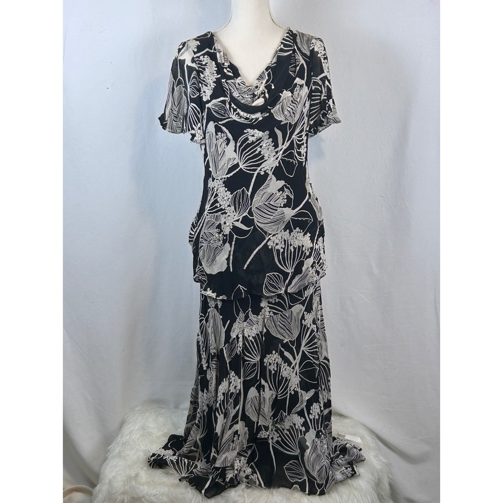 Rouge 2 Piece Gown Women Size L Black White Floral Excellent Sequin Maxi Ruffle